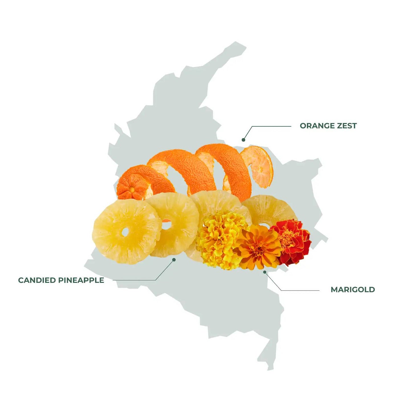 Colombia Bourbon Roselle Coffee ingrediants with its rigional map